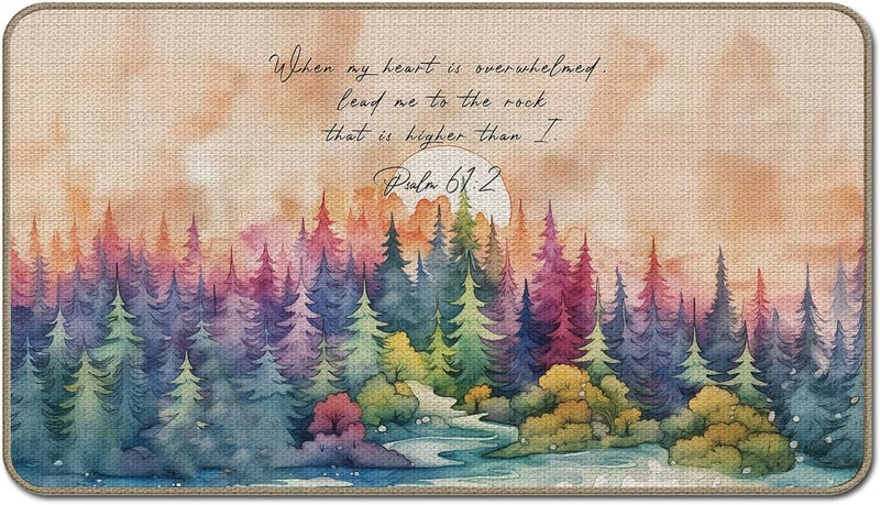 GTYNU Watercolor Forest Christian Doormat 17 x 30, Inspirational Bible Verse Door Mats,Psalm 61:2 Scripture Decor Door Mat - Image 1